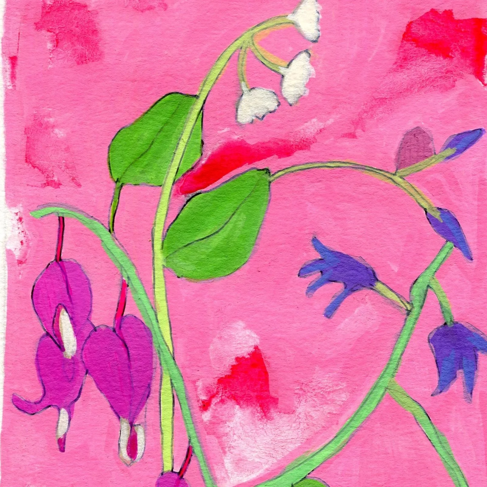 Title: Day 5:  bleeding heart, lily of the valley and hyacinth. (2026) 
Dimensions: 5 x 7 in. 
Medium: Ink, acrylic marker and gel pen on acid-free paper.