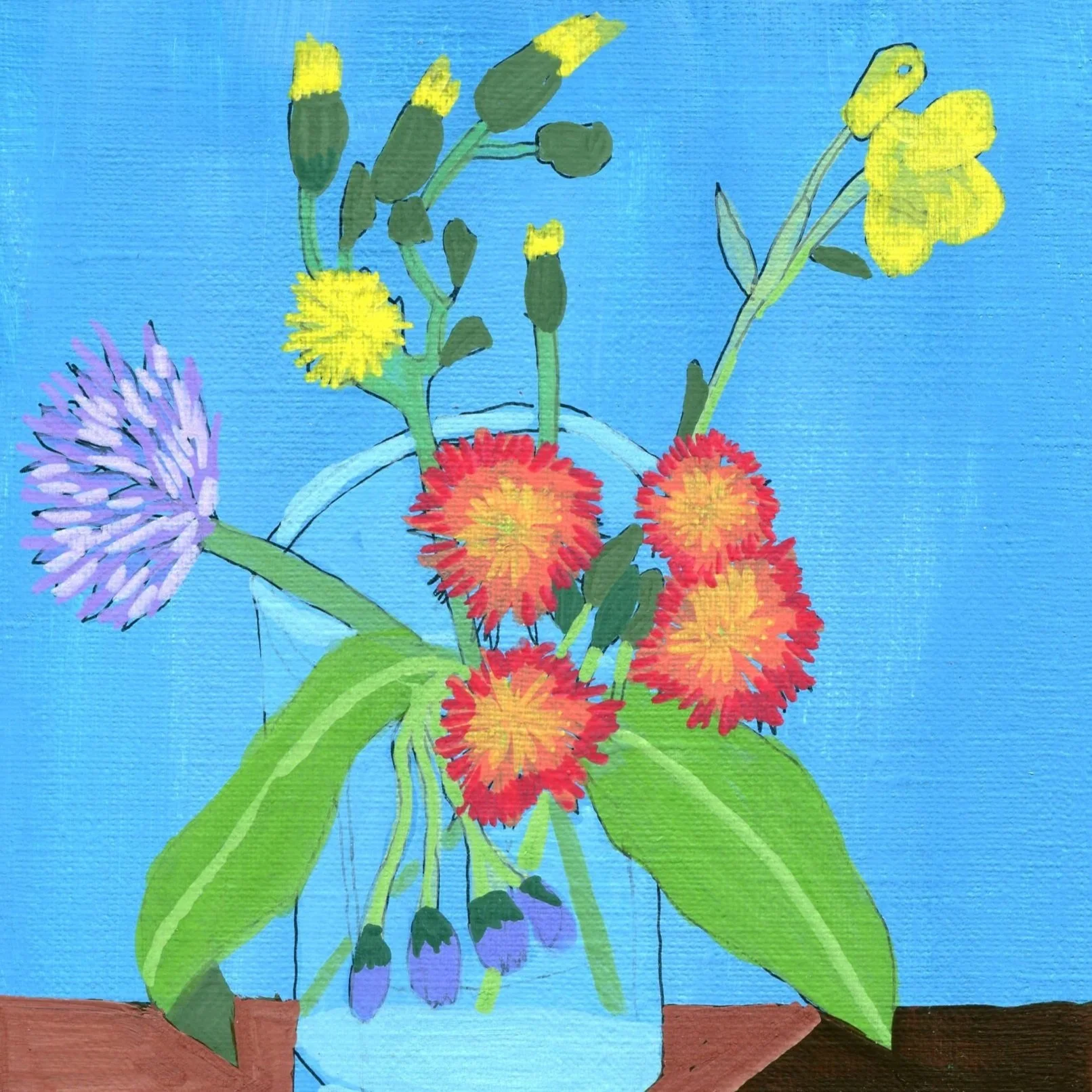 Title: Day 24: chives, comfrey, buttercup and fox-and-cubs (2026) 
Dimensions: 5 x 7 in. 
Medium: Ink and acrylic on acid-free paper.