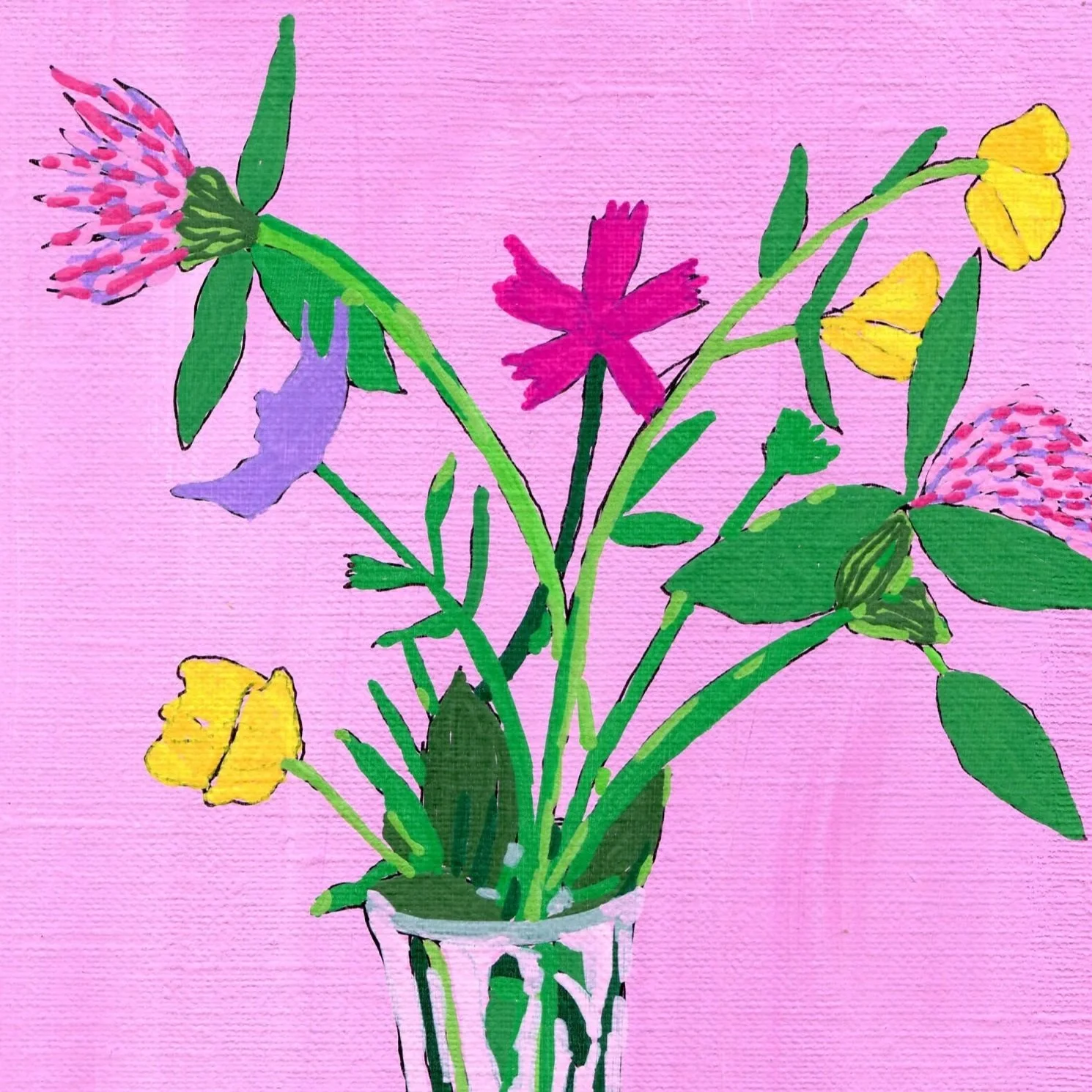 Title: Day 22: buttercups, red clover, fox-and-cubs and maiden pink. (2026) 
Dimensions: 5 x 7 in. 
Medium: Ink and acrylic on acid-free paper. 