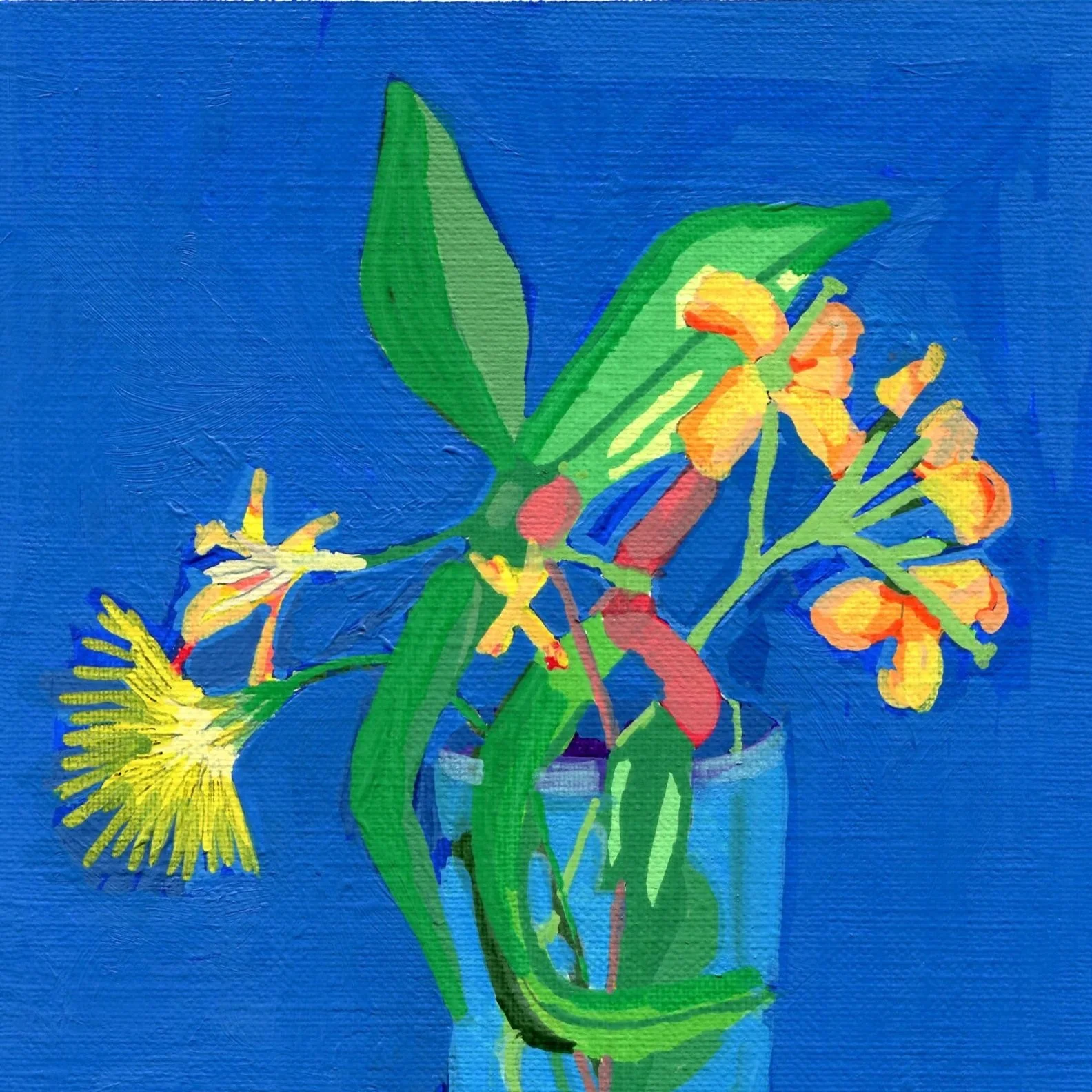 Title: Day 28: wallflower, bush honeysuckle, red maple seed and dandelion (2026) 
Dimensions: 5 x 7 in. 
Medium: Ink and acrylic on acid-free paper.