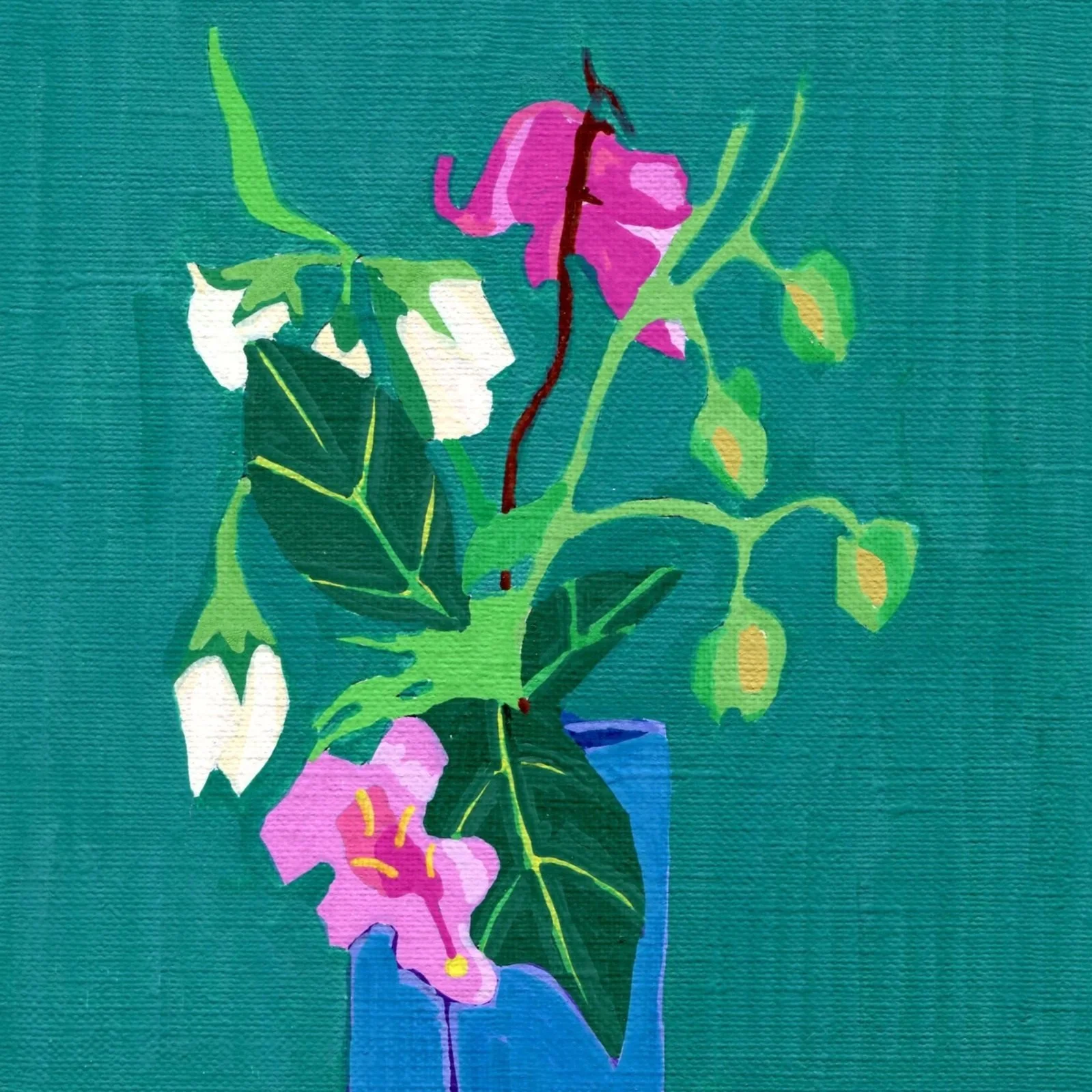 Title: Day 30: bleeding heart, rhubarb seeds, weigela florida and mock orange (2026) 
Dimensions: 5 x 7 in. 
Medium: Ink and acrylic on acid-free paper.