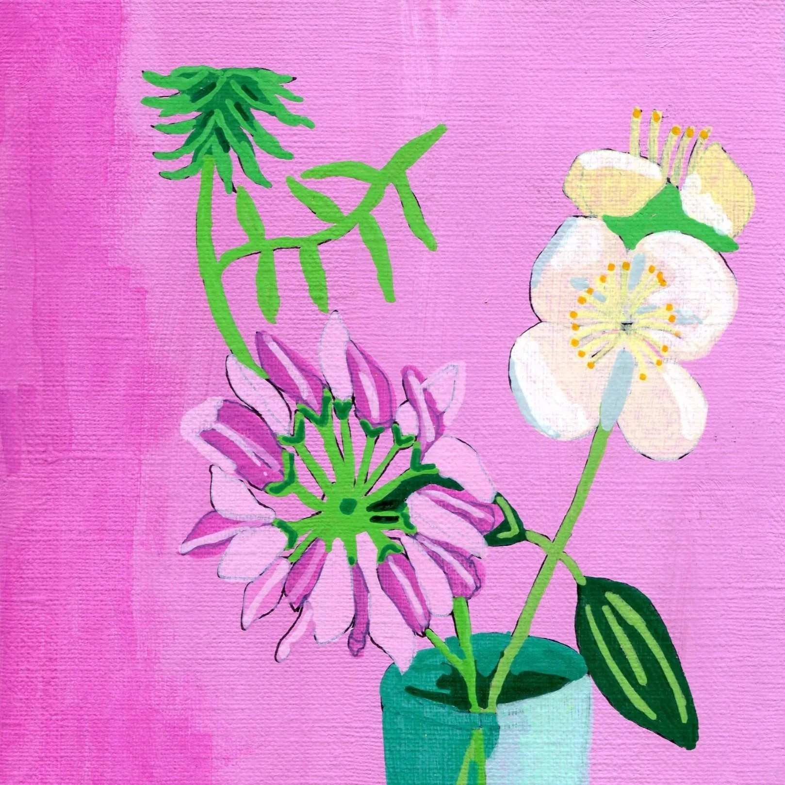 Title: Day 31: crown vetch and mock orange (2026) 
Dimensions: 5 x 7 in. 
Medium: Ink and acrylic on acid-free paper.