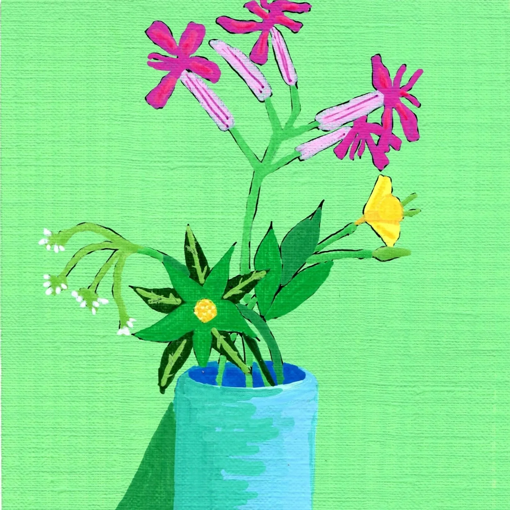 Title: Day 33: sulphur cinquefoil, cilantro and dame's rocket (2026) 
Dimensions: 5 x 7 in. 
Medium: Ink and acrylic on acid-free paper.