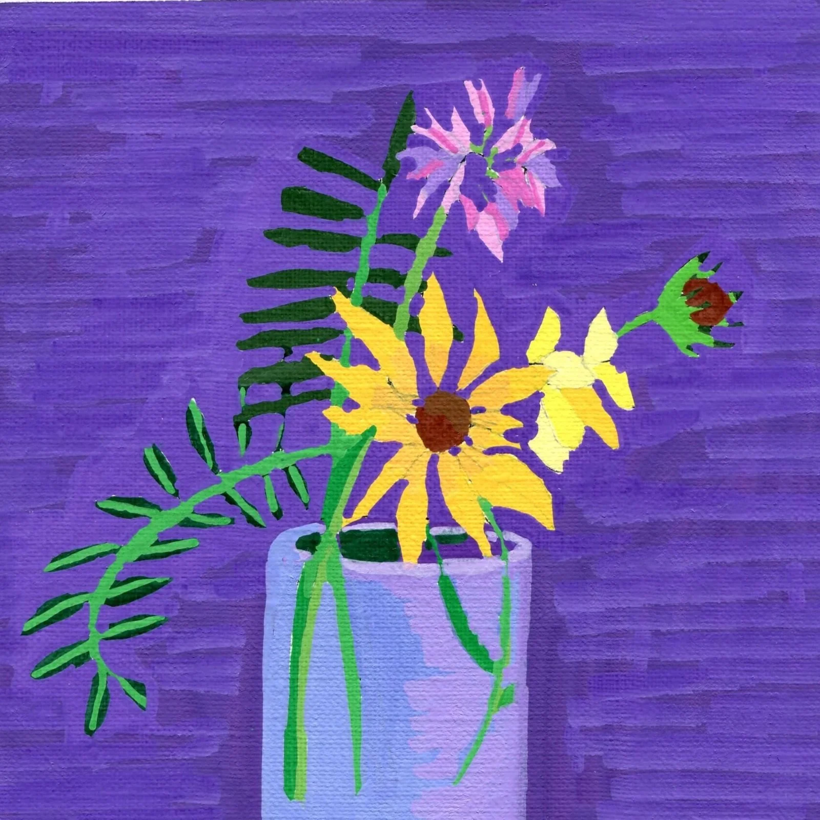 Title: Day 34: purple crownvetch, rudbeckia, bird's foot trefoil and purple-flowering raspberry pistil and sepal  (2026) 
Dimensions: 5 x 7 in. 
Medium: Ink and acrylic on acid-free paper.