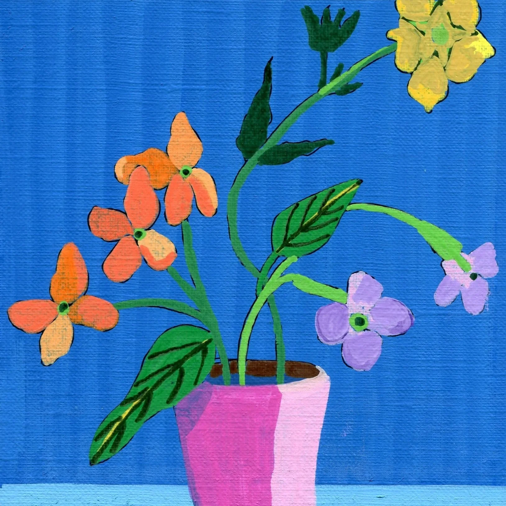 Title: Day 35: wallflower, dame's rocket and sulphur cinquefoil  (2026) 
Dimensions: 5 x 7 in. 
Medium: Ink and acrylic on acid-free paper.