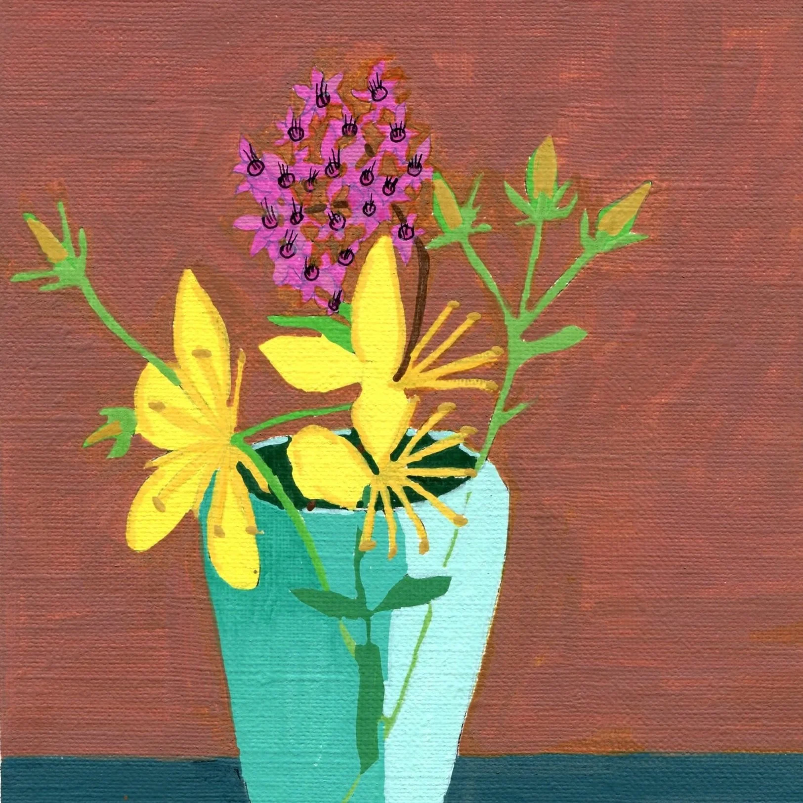 Title: Day 36: st. john's wort and spirea (2026) 
Dimensions: 5 x 7 in. 
Medium: Ink and acrylic on acid-free paper.