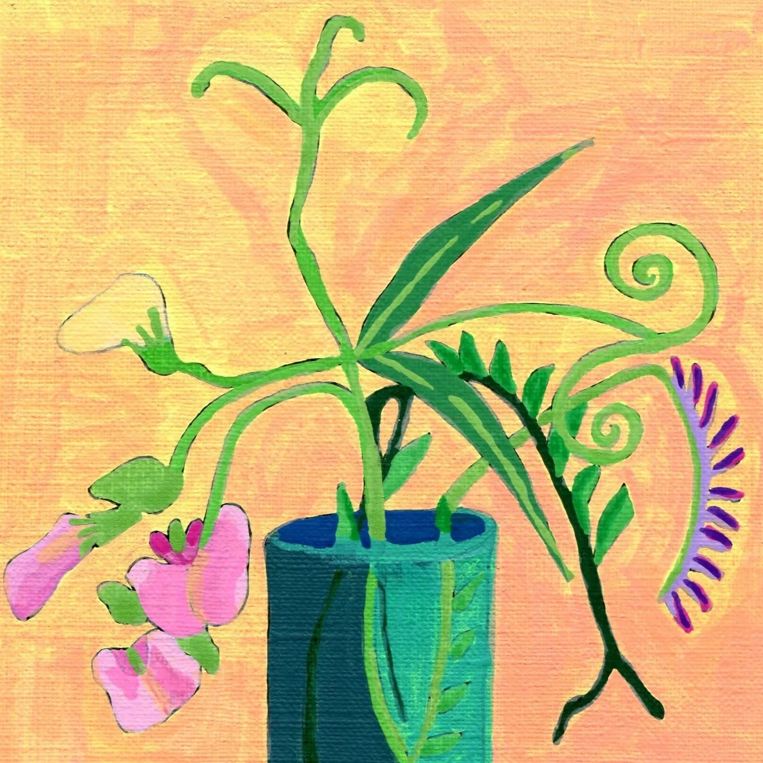 Title: Day 37: sweet pea and purple vetch (2026) Dimensions: 5 x 7 in. Medium: Ink and acrylic on acid-free paper.