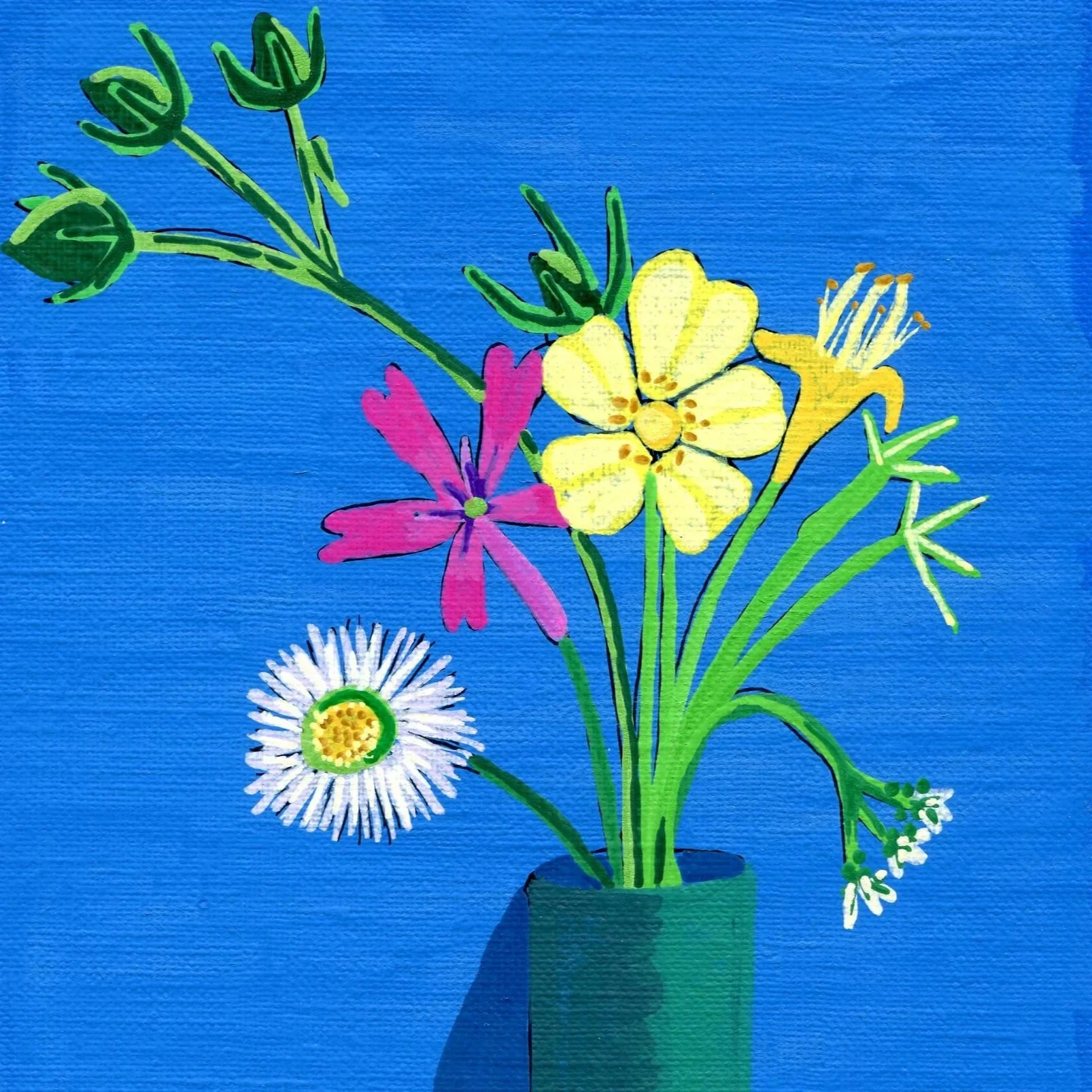 Title: Day 38: sulphur cinquefoil, fleabane, maiden-pink, bush honeysuckle and cilantro (2026) Dimensions: 5 x 7 in. Medium: Ink and acrylic on acid-free paper.