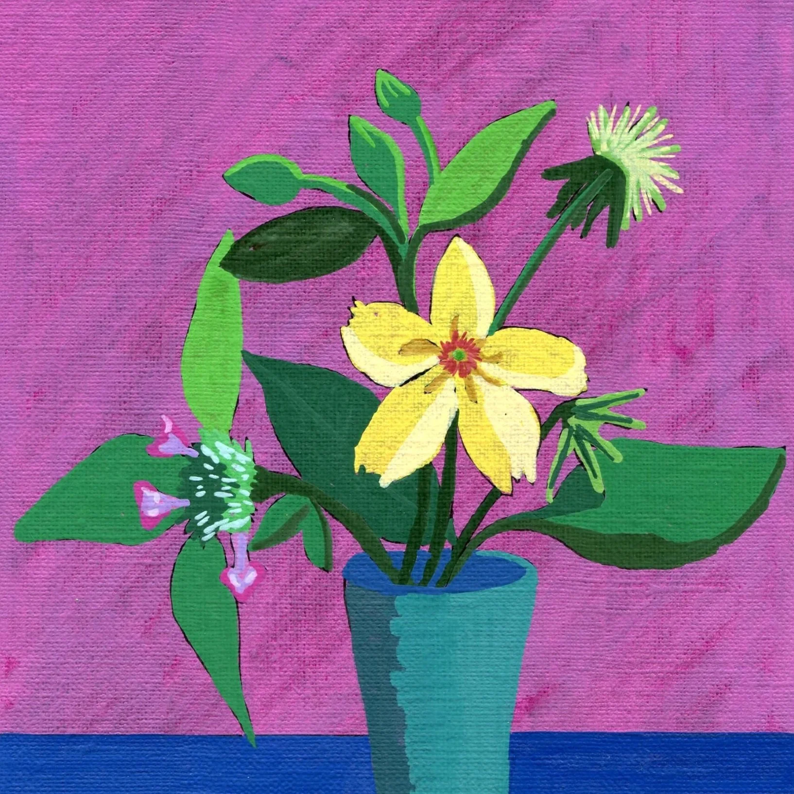 Title: Day 39: fringed loosestrife, wild basil and fleabane (2026) Dimensions: 5 x 7 in. Medium: Ink and acrylic on acid-free paper.
