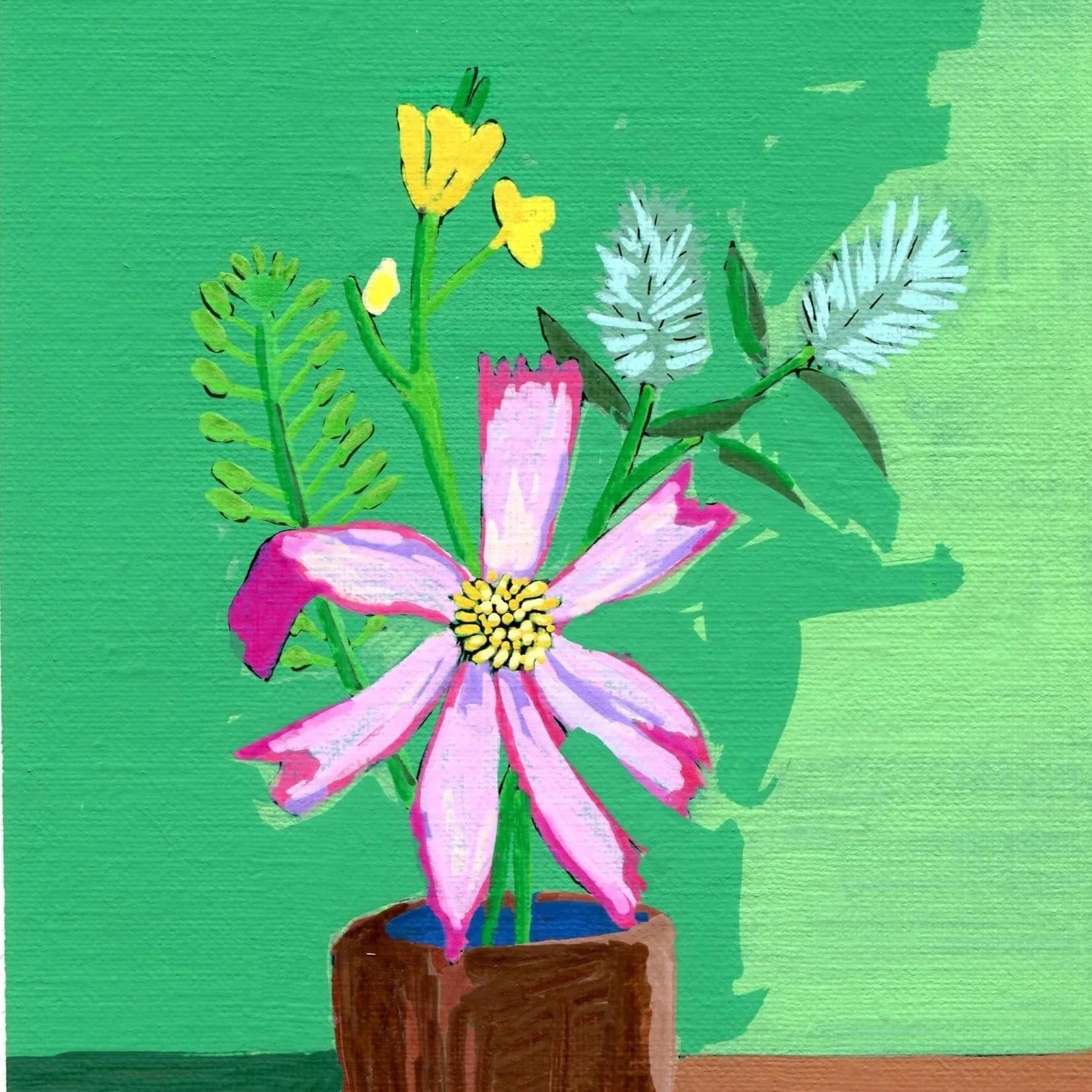 Title: Day 40: pepperweed, rocket, rabbitfoot clover and cosmos (2026) Dimensions: 5 x 7 in. Medium: Ink and acrylic on acid-free paper.