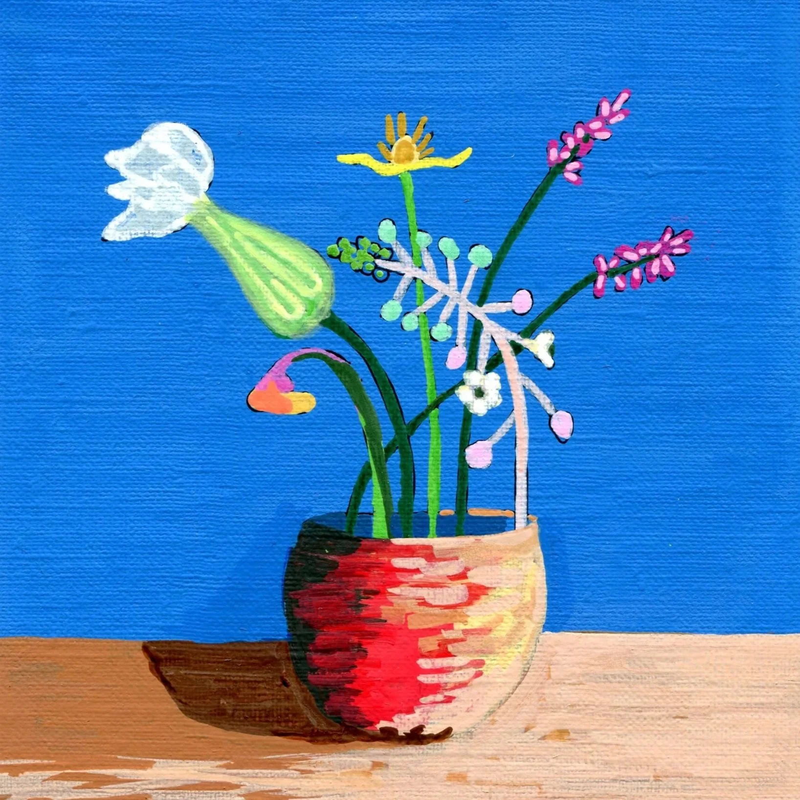 Title: Day 41: white campion, pokeweed, smart weed, jewelweed and fringed loosestrife (2026) Dimensions: 5 x 7 in. Medium: Ink and acrylic on acid-free paper.