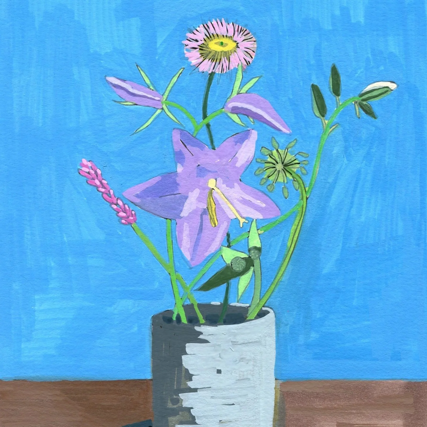 Title: Day 42: fleabane, smartweed, crown vetch and creeping bellflower  (2026) Dimensions: 5 x 7 in. Medium: Ink and acrylic on acid-free paper.