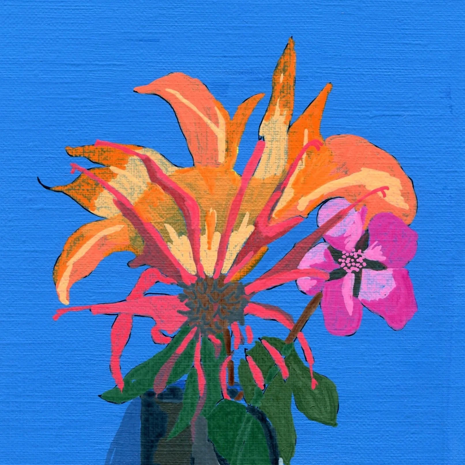 Title: Day 43: purple-flowering raspberry, beebalm and daylily (2026) Dimensions: 5 x 7 in. Medium: Ink and acrylic on acid-free paper.