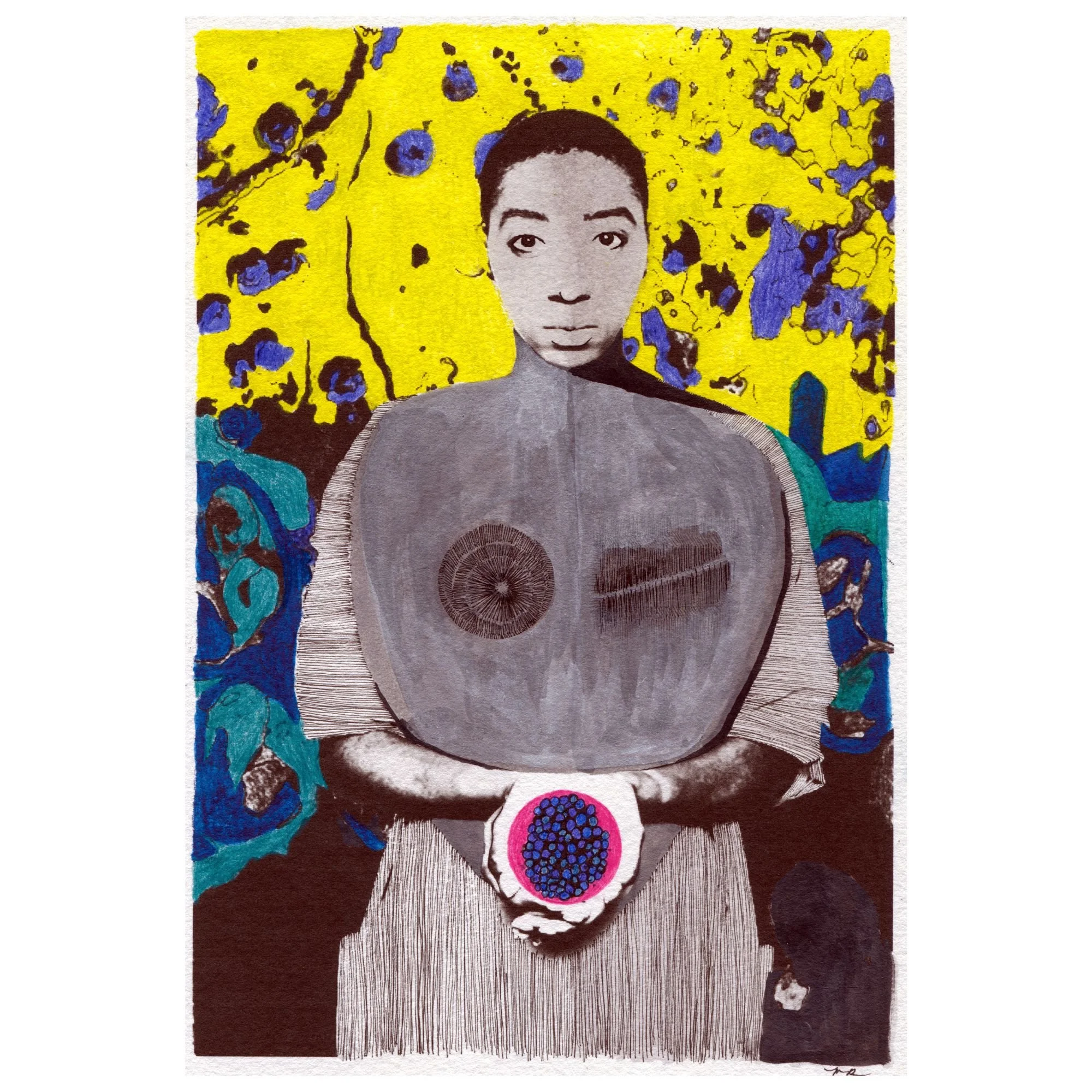 Title: Blueberry Saint, The Protector of Human Cells (2024).
Dimensions: 9.5 x 6.5 in.
Medium: Mixed media on paper