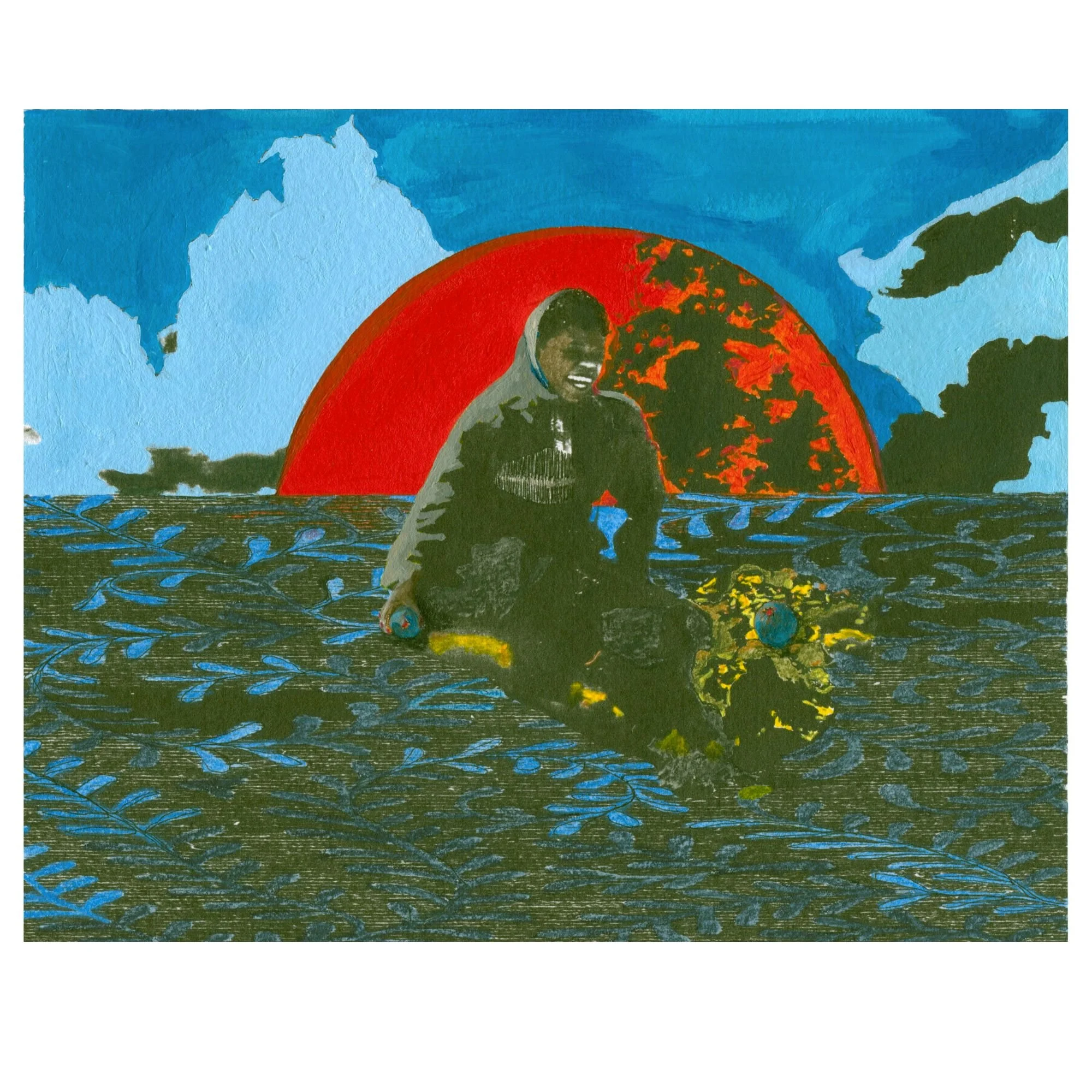 Title: Happy and Not Submerged By Fear (2024) Dimensions:  8.5 x 10.5 in.
Medium: Mixed media on paper.