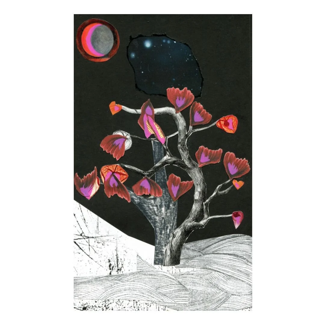 Title: Flowers in Winter. Dimensions: 5.75 x 9.75 in. Medium: Mixed media collage on paper.