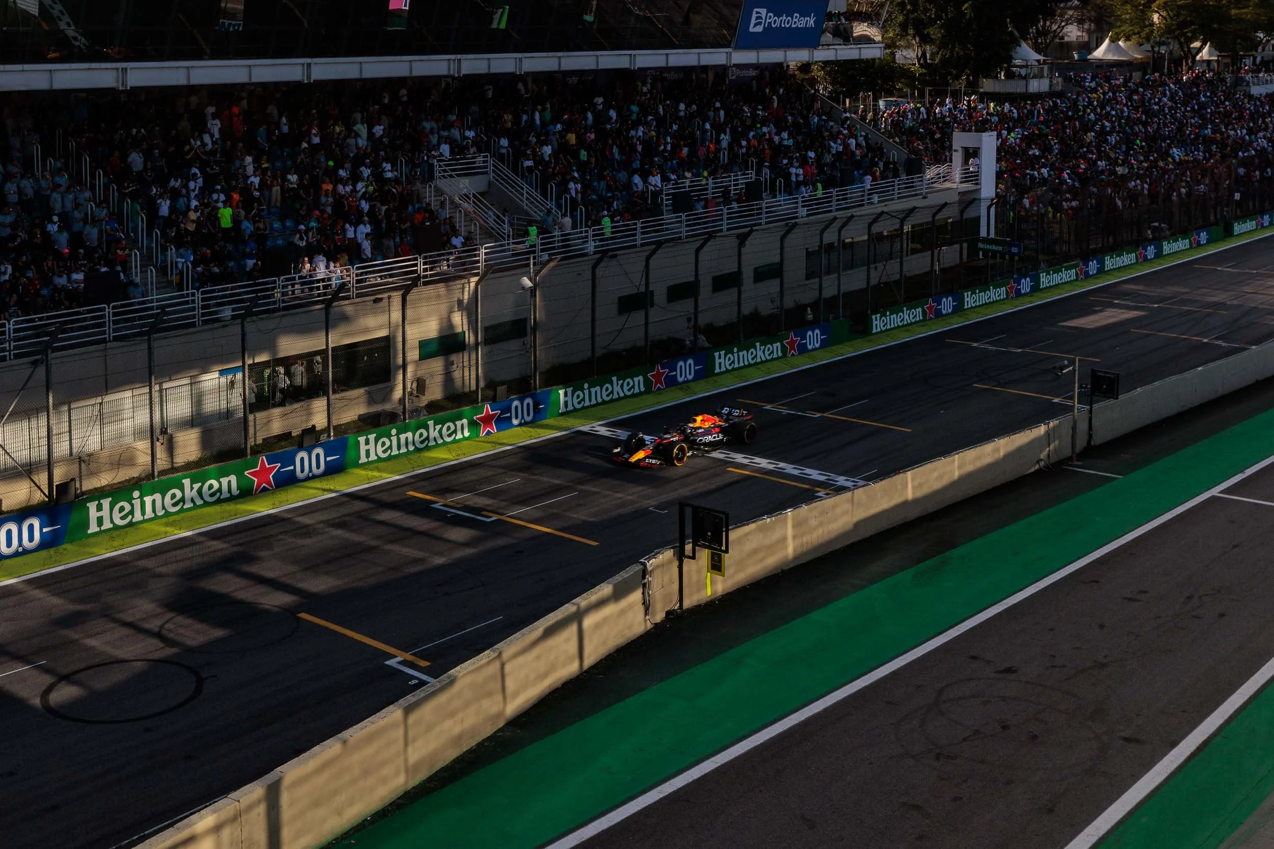 Red Bull F1 Car crosses the line at Interlagos