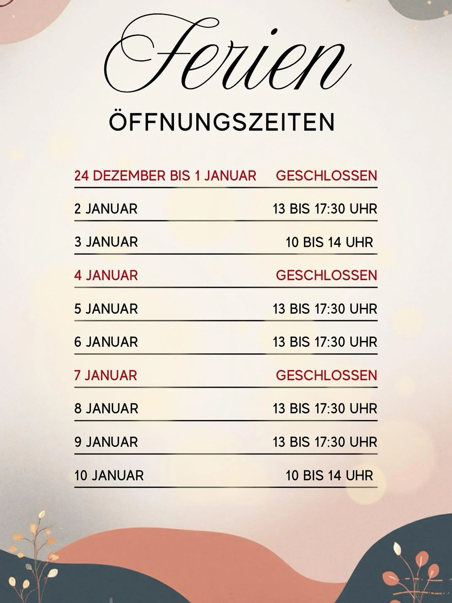 &Uuml;ber die Feiertage legen wir eine kleine Pause ein. Ab Heiligabend bis Neujahr bleibt unser Store geschlossen 💫
Ab Januar sind wir wieder f&uuml;r euch da &ndash; mit zun&auml;chst etwas verk&uuml;rzten &Ouml;ffnungszeiten und ganz viel Vorfreu