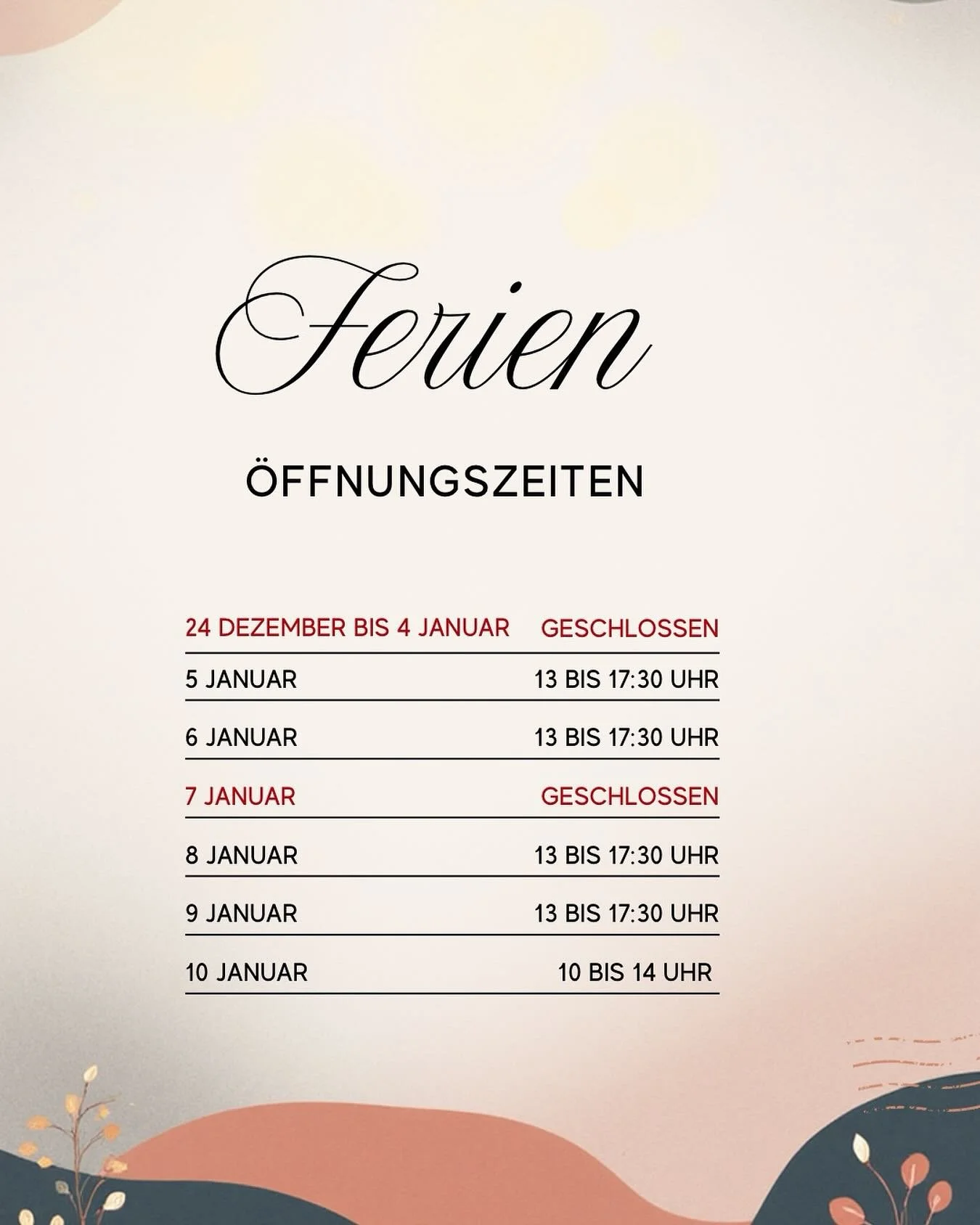 &Uuml;ber die Feiertage legen wir eine kleine Pause ein. Ab Heiligabend bis zum 04.01 bleibt unser Store geschlossen 💫
Ab dem 05. Januar sind wir wieder f&uuml;r euch da &ndash; mit zun&auml;chst etwas verk&uuml;rzten &Ouml;ffnungszeiten und ganz vi