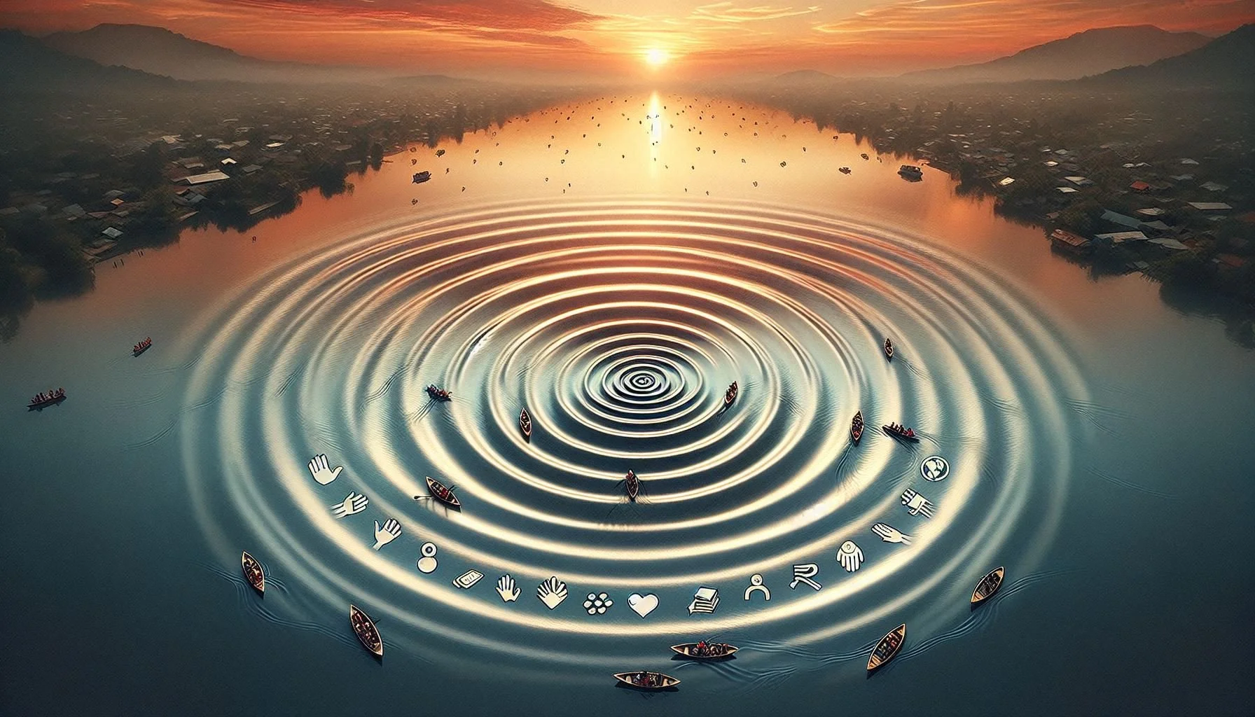 A drone view of a river at sunset with boats and floating icons representing social and community concepts, creating concentric circles on the water.