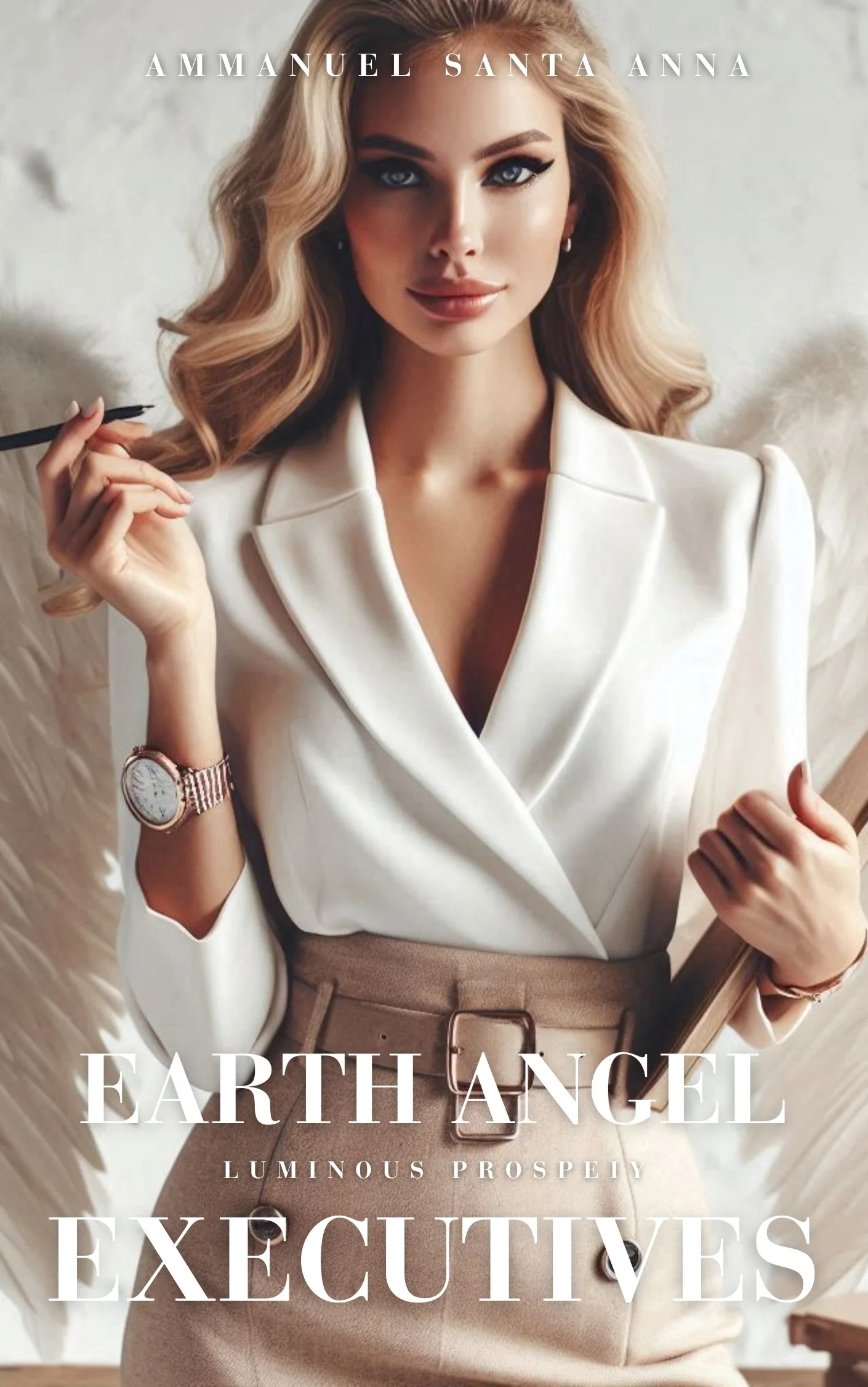 A woman with blonde hair and blue eyes, wearing a white blazer and tan skirt, holding a pen and a wooden pointer, with text overlay reading 'Earth Angel Executives' and 'Luminous Prosperity'.