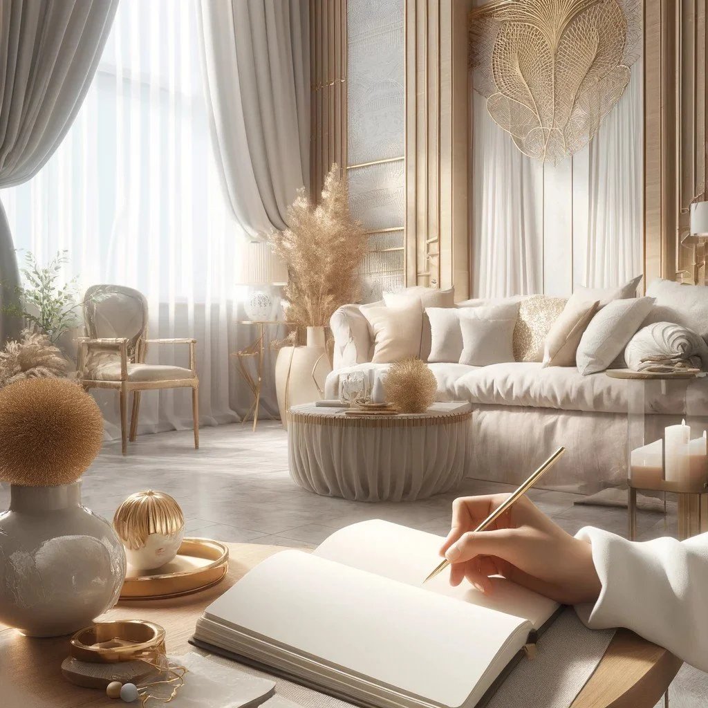 Bright and elegant living room with neutral tones, plush sofa with cushions, decorative plants, large window with flowing curtains, and modern decor including candles and vases, with a person writing in a sketchbook.