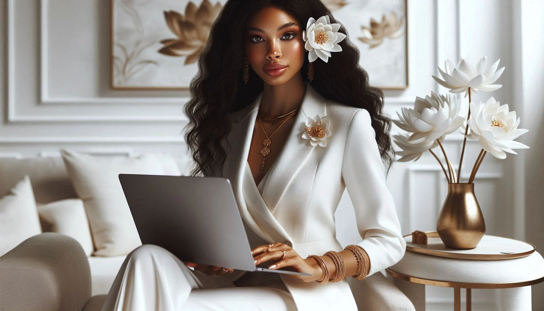 A woman with long, wavy dark hair, holding a laptop, sitting in a cream-colored living room with white floral artwork and a golden vase with white flowers on a round table.