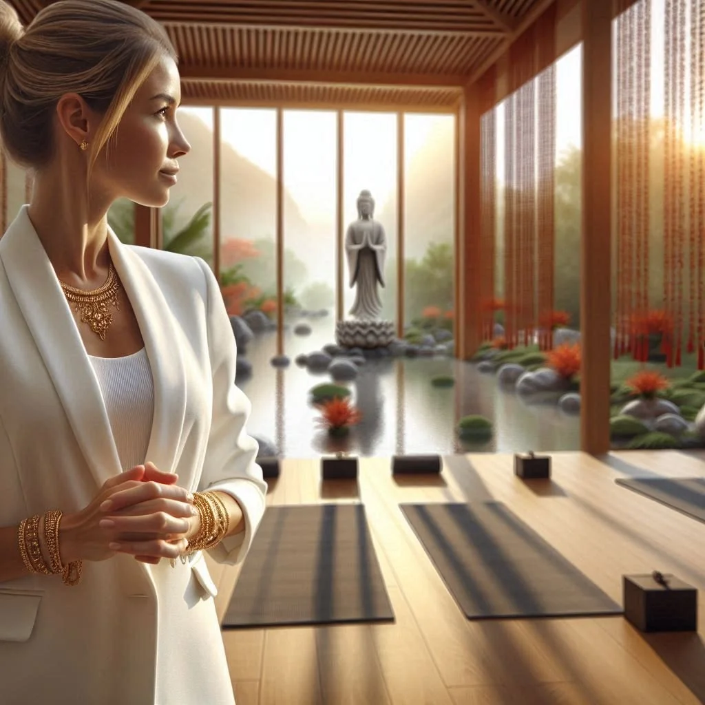 A woman dressed in white with gold jewelry stands in a room with a Zen garden theme, featuring a Buddha statue, water, rocks, plants, and a wooden ceiling.