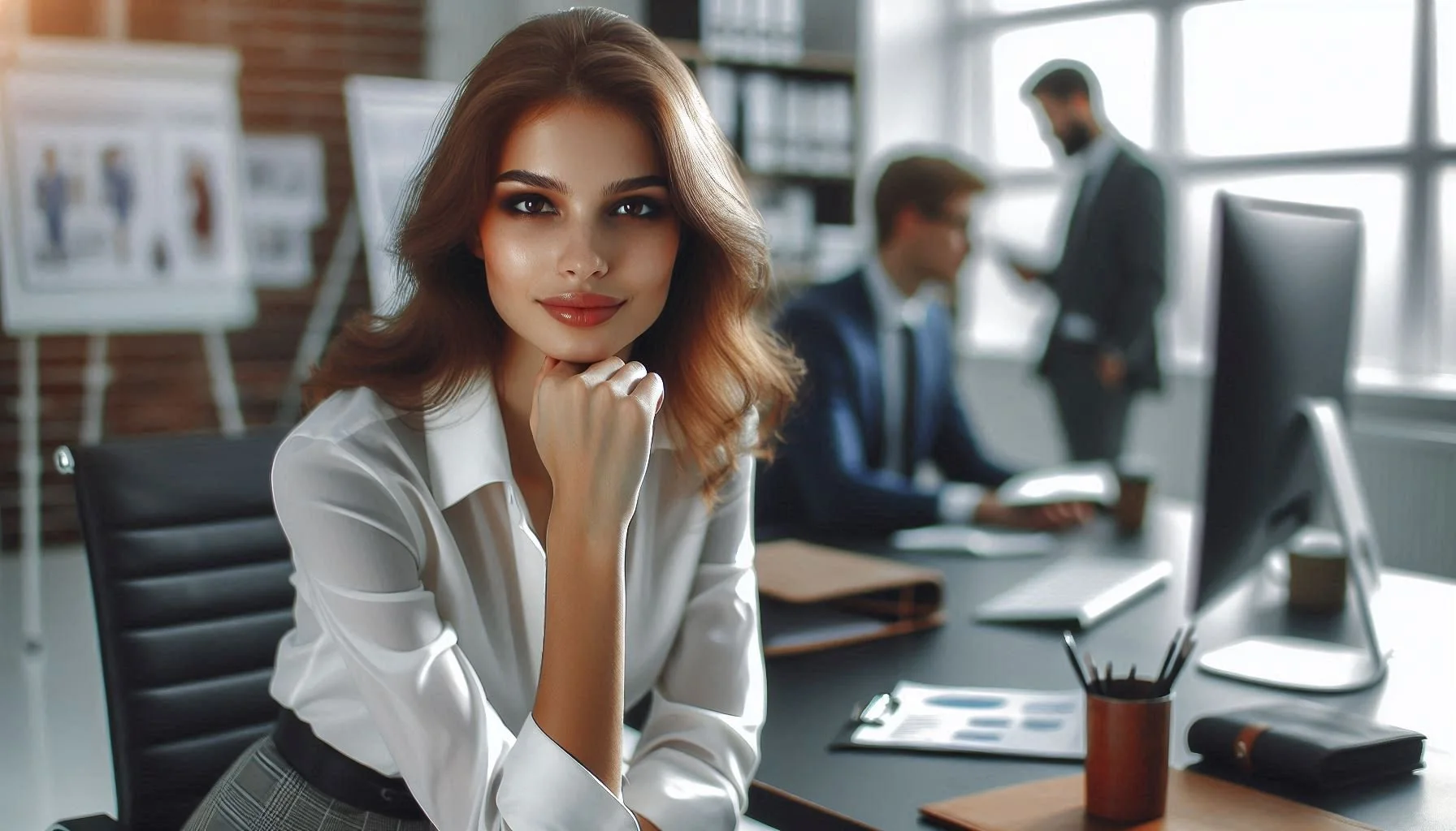 A confident woman with brown hair and makeup, wearing a white blouse, sitting at a desk in a modern office with coworkers in the background.