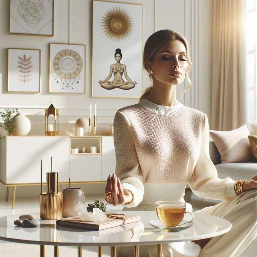 A woman meditating in a sunlit, modern living room with minimalist decor and abstract wall art.