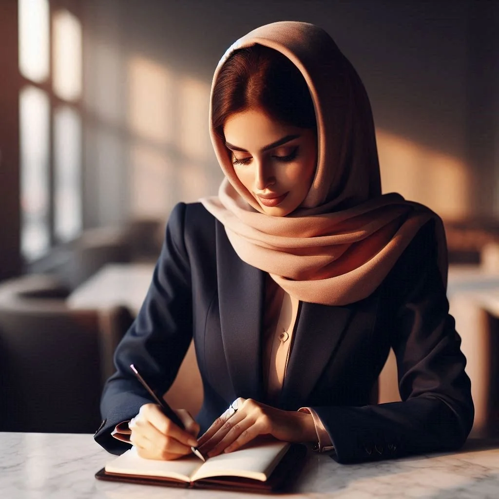 A woman with a beige headscarf writing in a notebook at a marble table in a softly lit room.