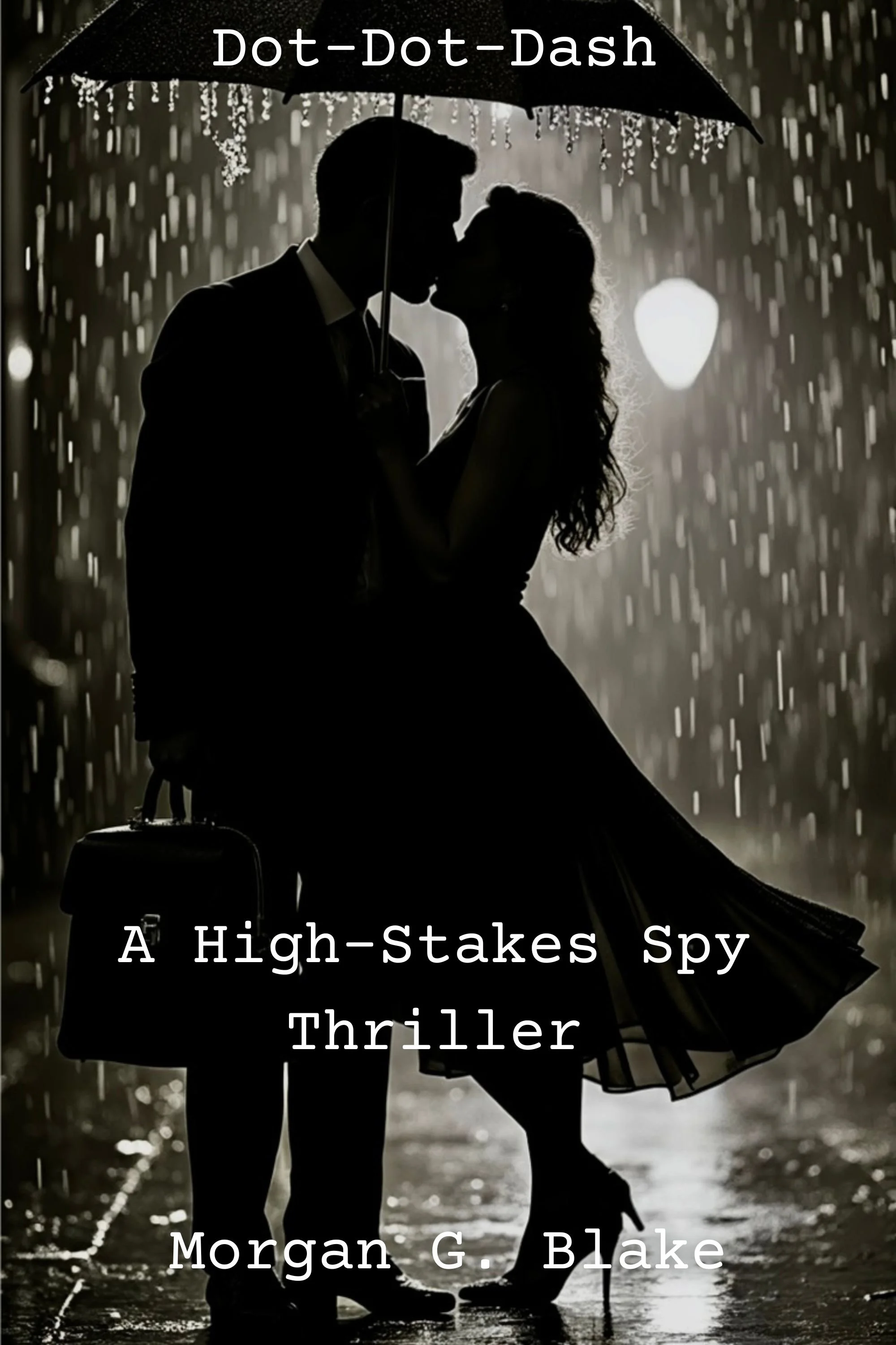 Silhouette of a man and woman kissing while holding an umbrella in the rain at night. The man is holding a briefcase. The background is lit by a street lamp, with rain falling around them.