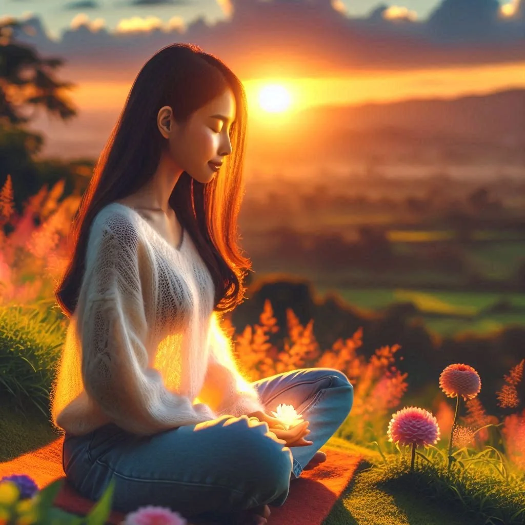 Young woman meditating outdoors at sunset, sitting cross-legged on a blanket amidst colorful flowers