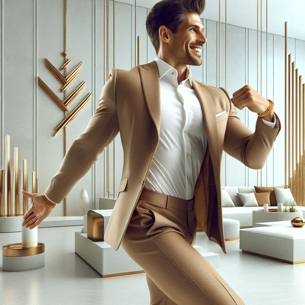 A man in a tan suit and white shirt is smiling and flexing his arm in a modern, stylish interior with gold and white decor.