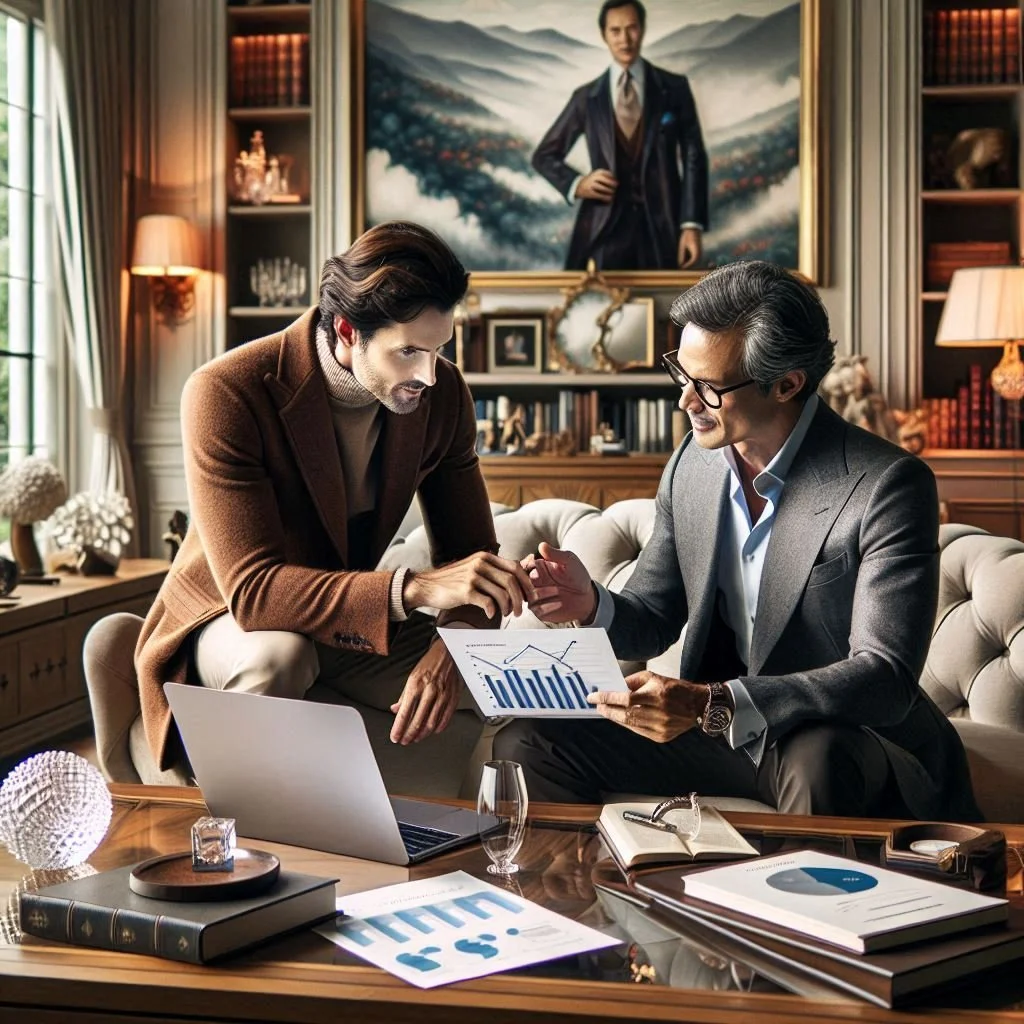 Two men in suits having a business discussion in an elegant, well-decorated office, with a large painting of a man in a suit on the wall behind them, a laptop, documents, and a glass of champagne on the table.