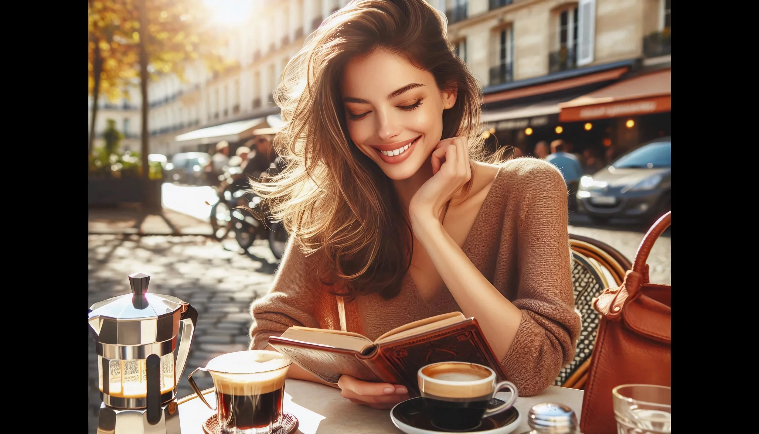 A woman with long wavy hair sits at an outdoor cafe, smiling as she reads a book, with coffee cups and a French press on the table, in a sunny city street setting.