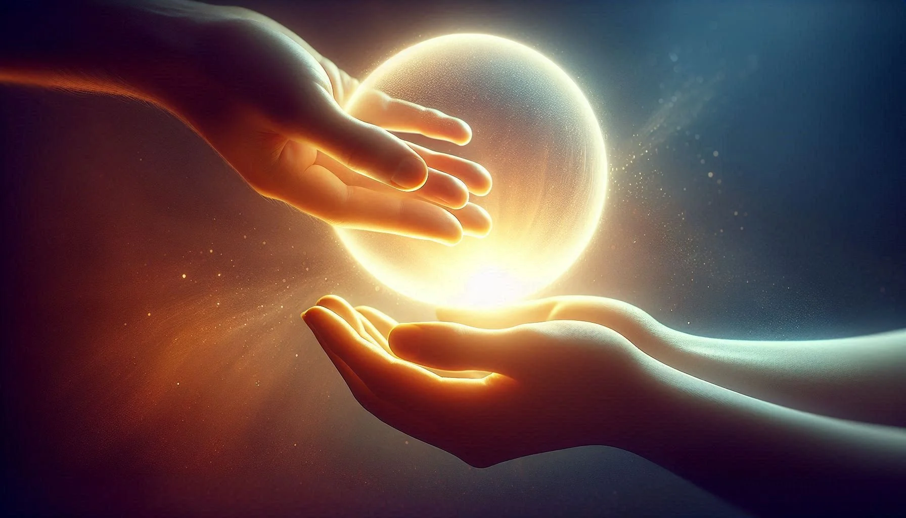 Two hands, one above the other, holding a glowing orb emitting bright light and small particles against a dark background.