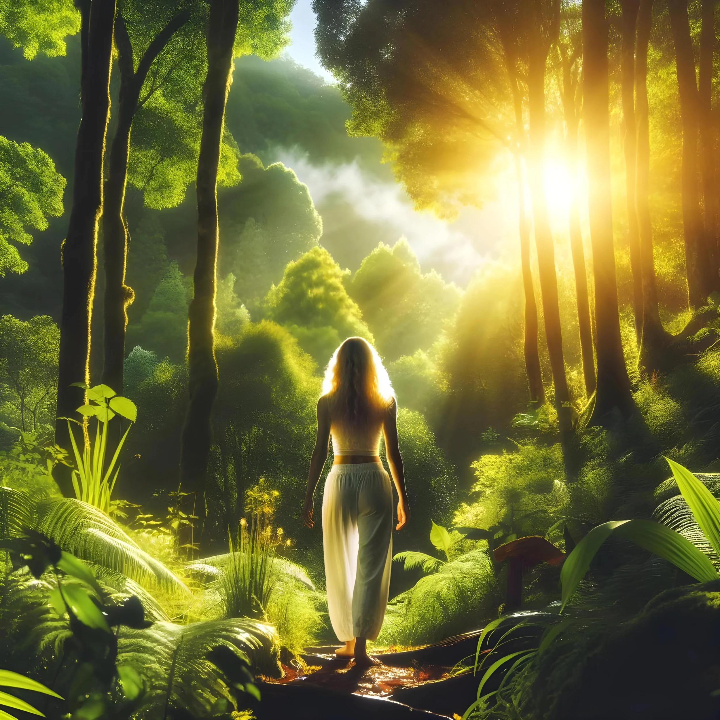 A woman walking through a lush, green forest with sunlight streaming through the trees.