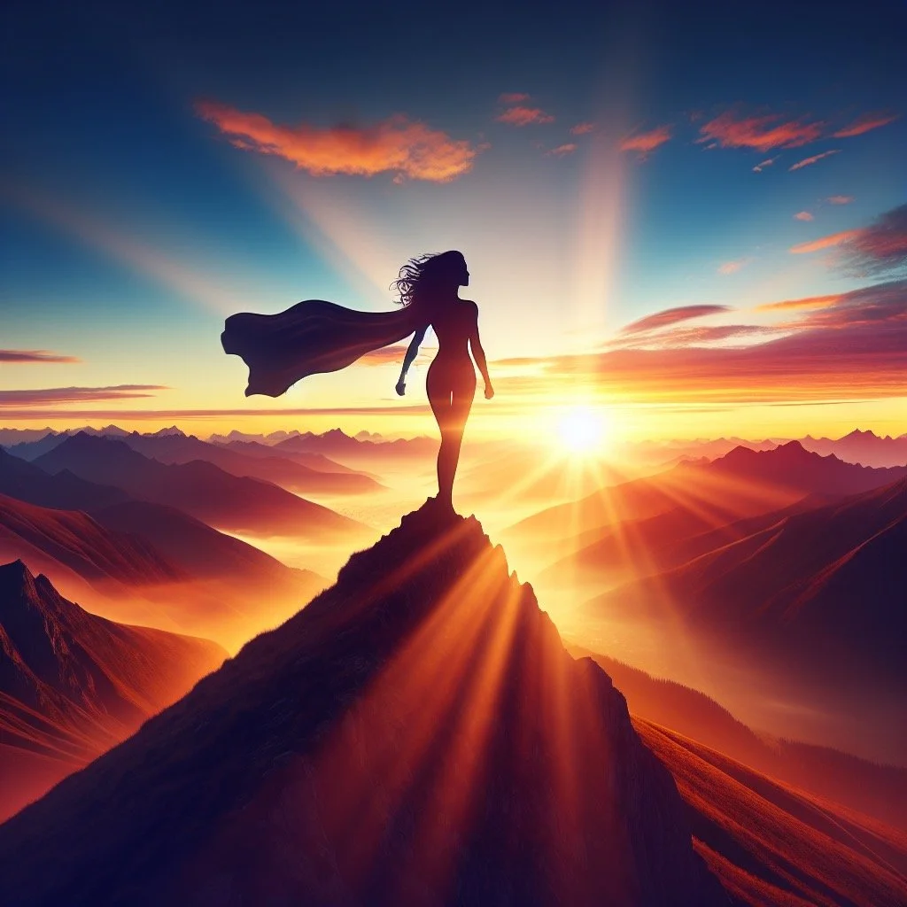Silhouette of a woman with a flowing cape standing on a mountain peak at sunset, with vivid sunset rays and a mountain range in the background.