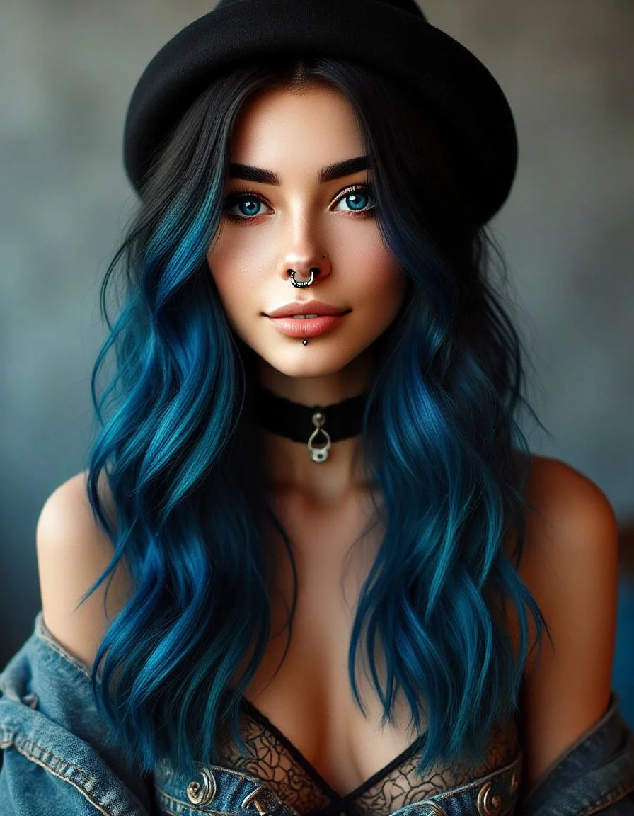 Young woman with long blue wavy hair wearing a black hat, nose and lip piercings, a choker, and a denim jacket revealing lace black top, against a blurred background.