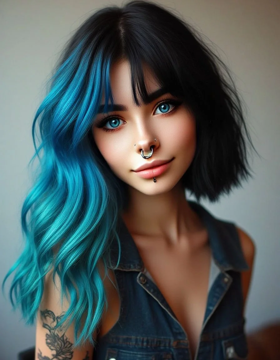 Young woman with black and blue wavy hair, blue eyes, and pierced nose and lip, wearing a sleeveless denim vest and standing against a neutral background.