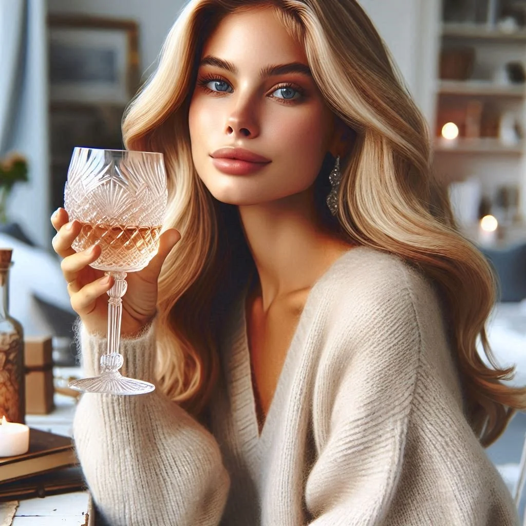 A woman with long blond hair holding a decorative glass of wine indoors, with a cozy background of books and candles.