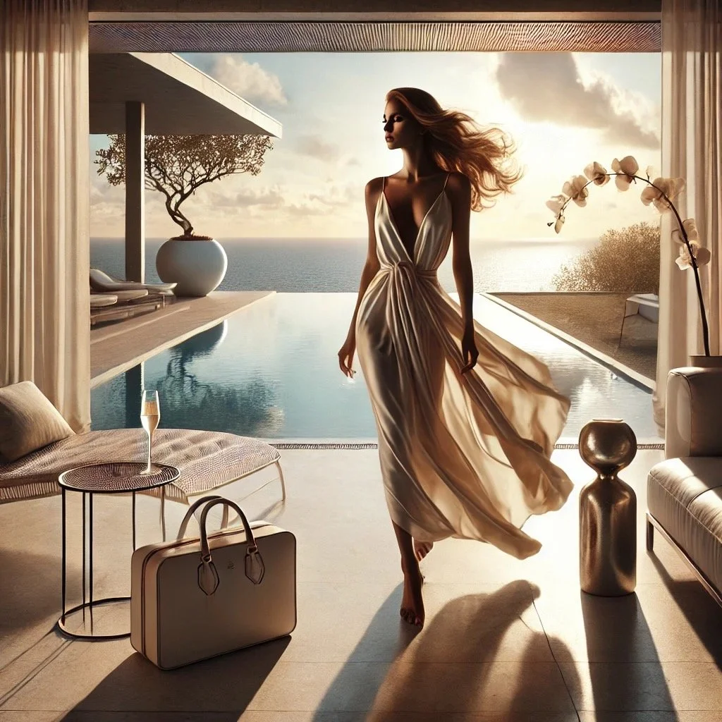 Woman in a flowing dress walking into a luxurious room with a view of the ocean and sunset, with modern furniture and decorative plants.