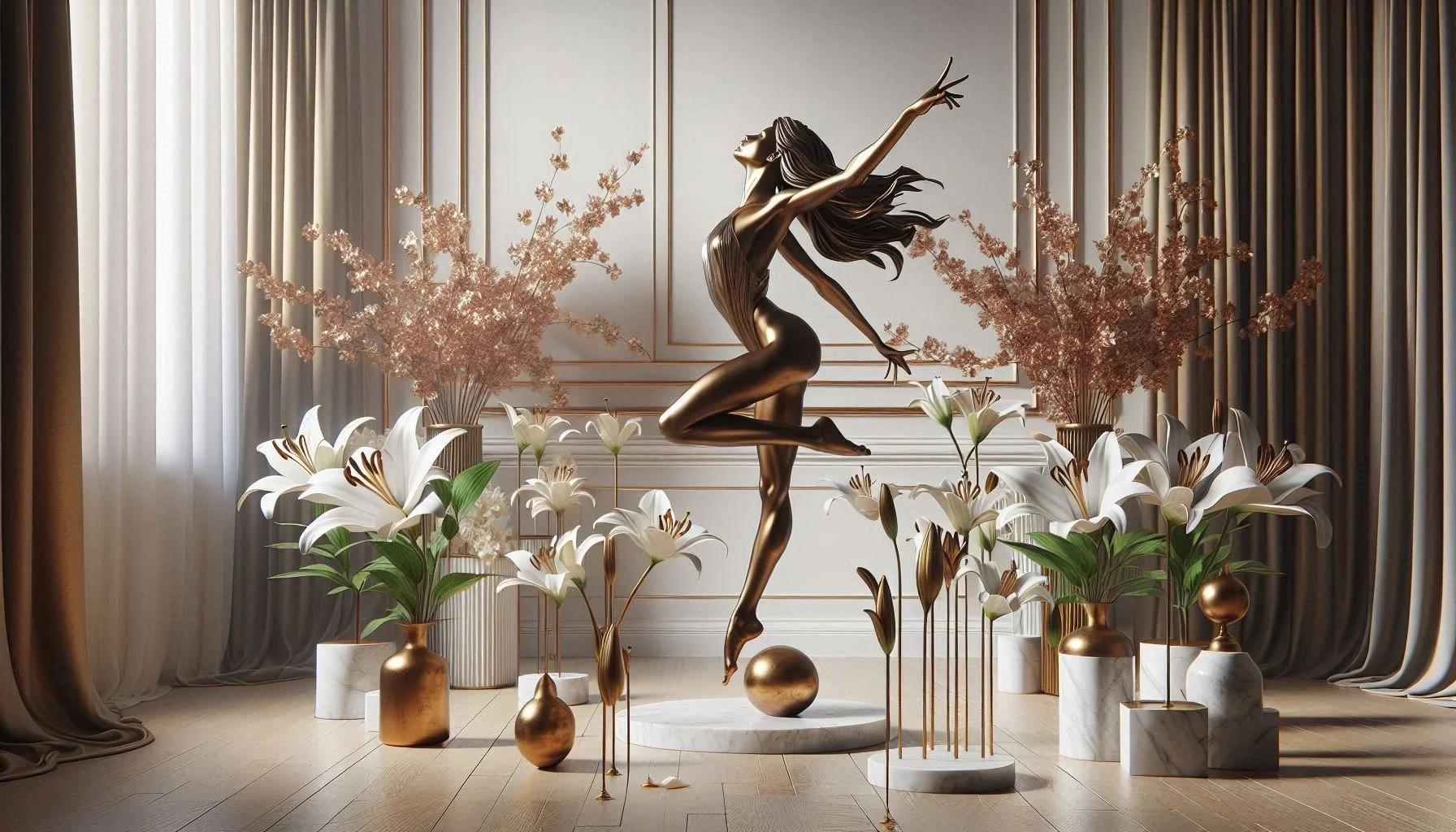 A decorative sculpture of a woman in a dance pose, surrounded by white lilies and pink foliage vases, in a room with draped curtains and a wood floor.