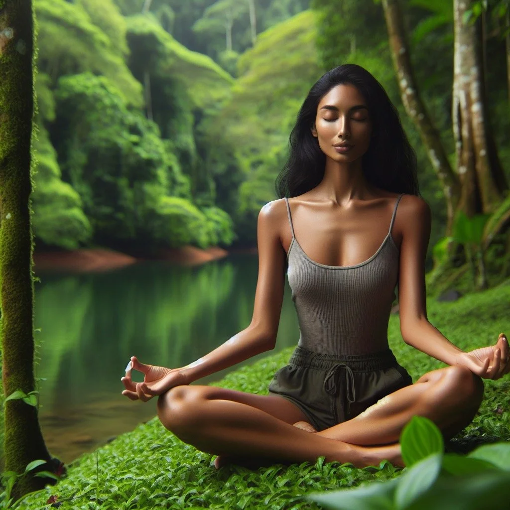 A woman with long dark hair practicing meditation in a lush, green forest by a river, sitting cross-legged with her eyes closed and hands resting on her knees.
