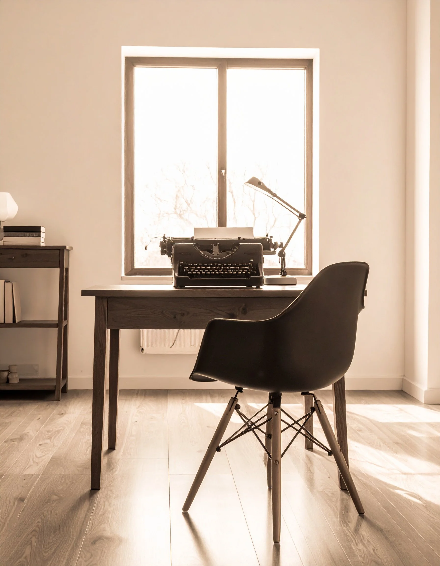 Firefly_A chair at a desk with a typewriter at a window in a sepia filtered mid century moder 554658.jpeg
