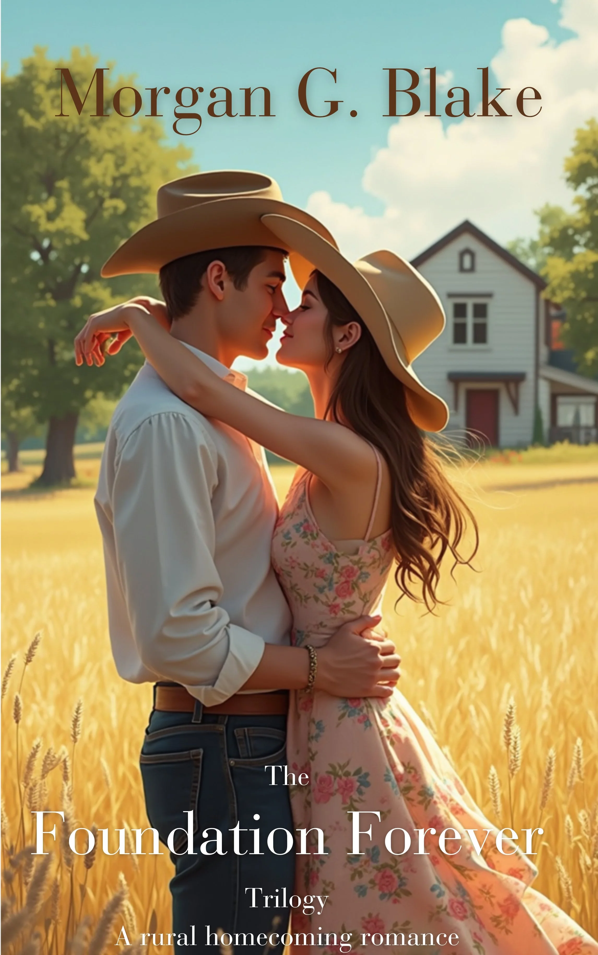 A young couple wearing cowboy hats hugging in a wheat field with a house and trees in the background, promoting a romance trilogy titled "The Foundation Forever."