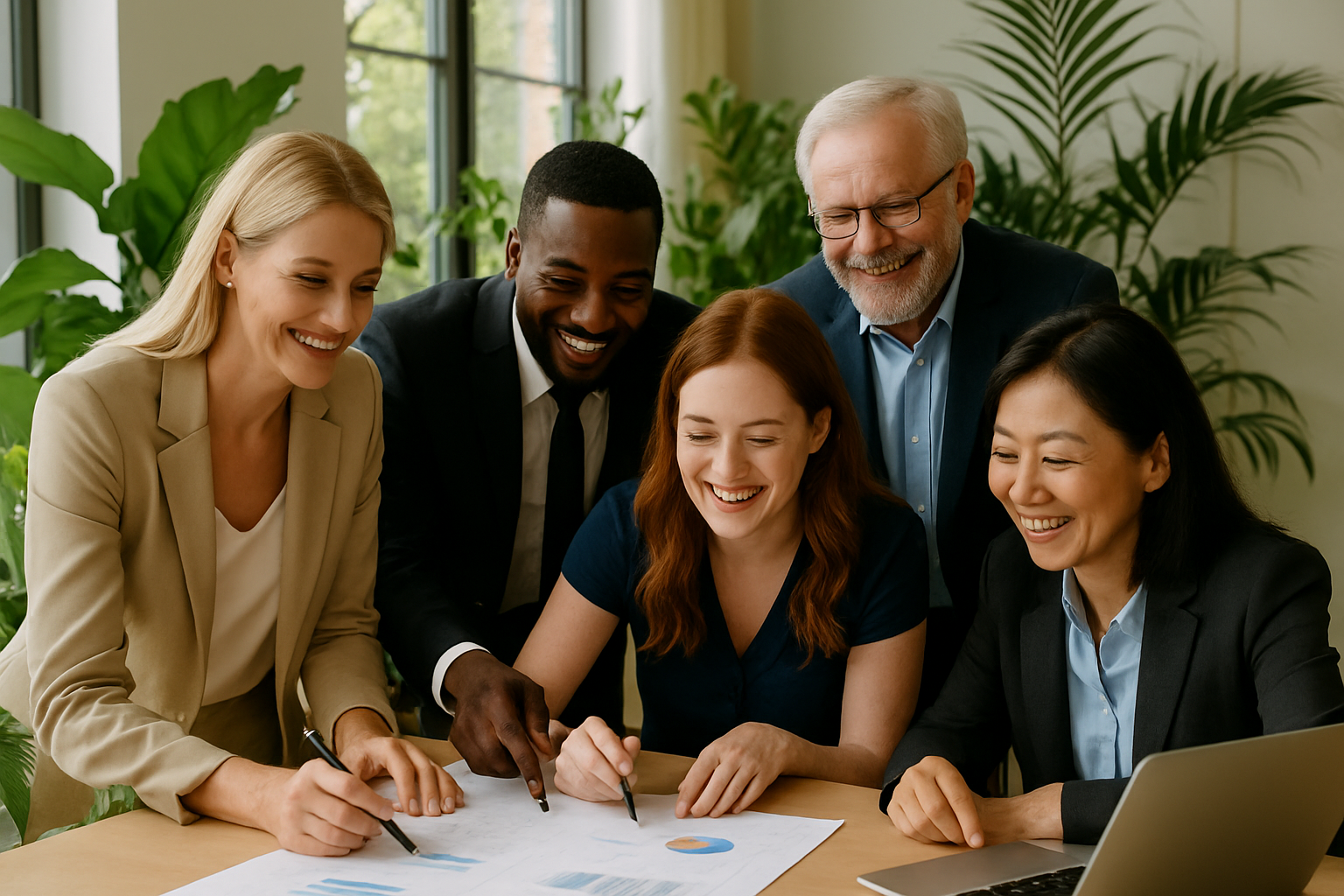 Group of five diverse professionals smiling and discussing charts at a meeting table in a bright office with plants.