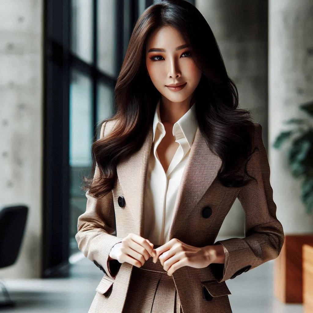 A woman with long dark hair dressed in a tan business suit with a cream blouse, standing indoors with large windows and a modern office setting in the background.