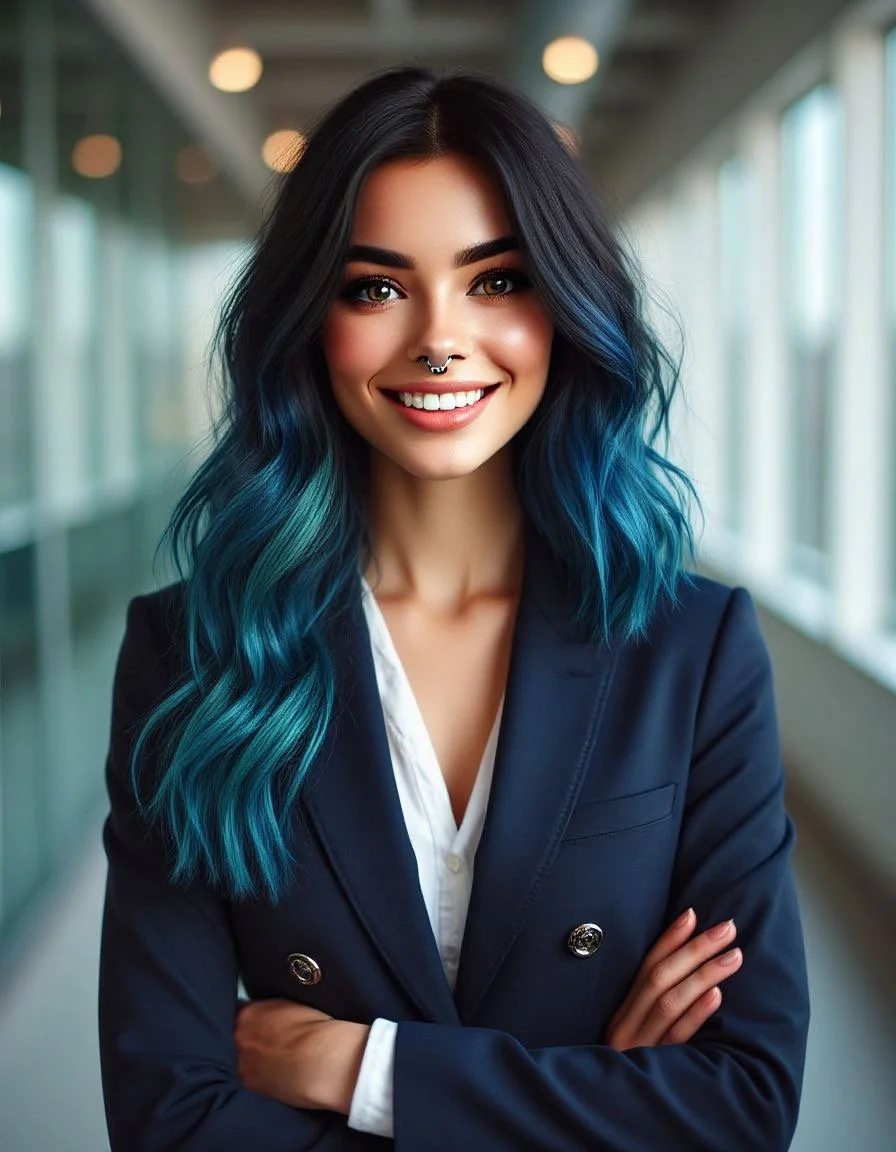 A woman with blue-tipped wavy hair, smiling, wearing a navy blazer and white shirt in a glass corridor.
